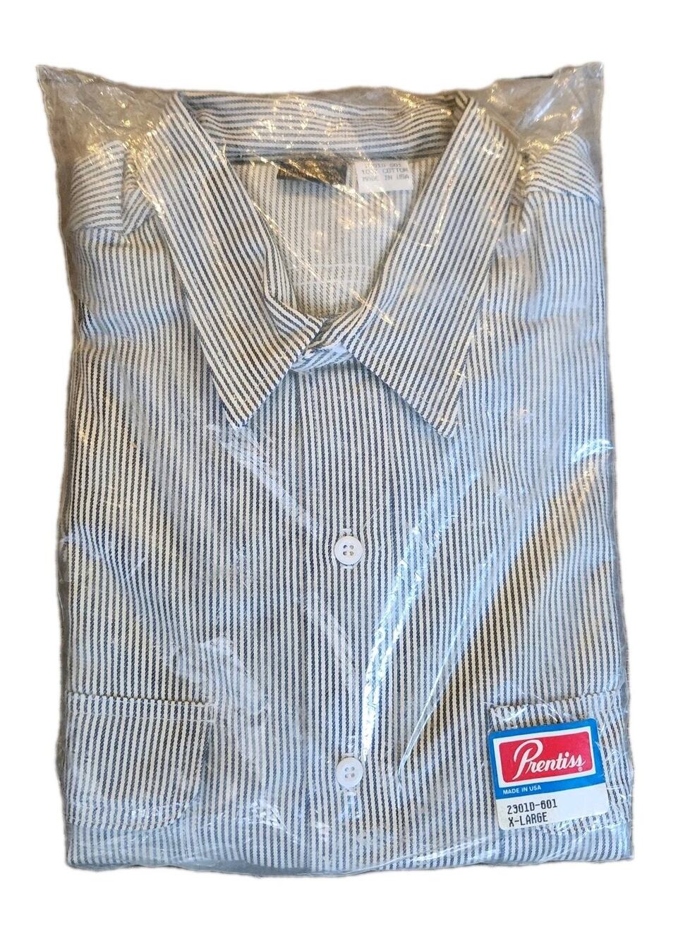 Vtg 80s Mens Prentiss Chambray Hickory Stripe Workwear Shirt USA 100% Cotton NOS